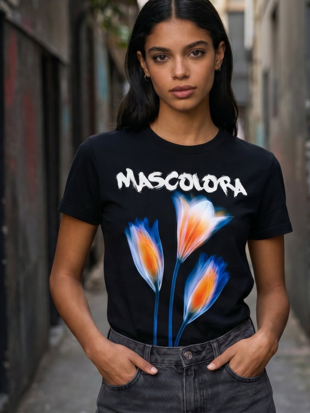 Model in an alley wearing the black Bloom tee
